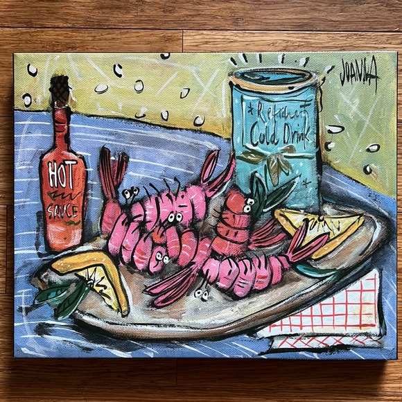 Joanna Art Shrimps on Plate Canvas on Wooden Frame Ready to Hang - Picture 6 of 6